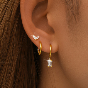 CANNER Lot de 3 boucles d'oreilles créoles Huggies en argent S925 avec zircon marquise et pierre de zircon vert, motifs fleur et nœud, bijoux fins - Product Image 2