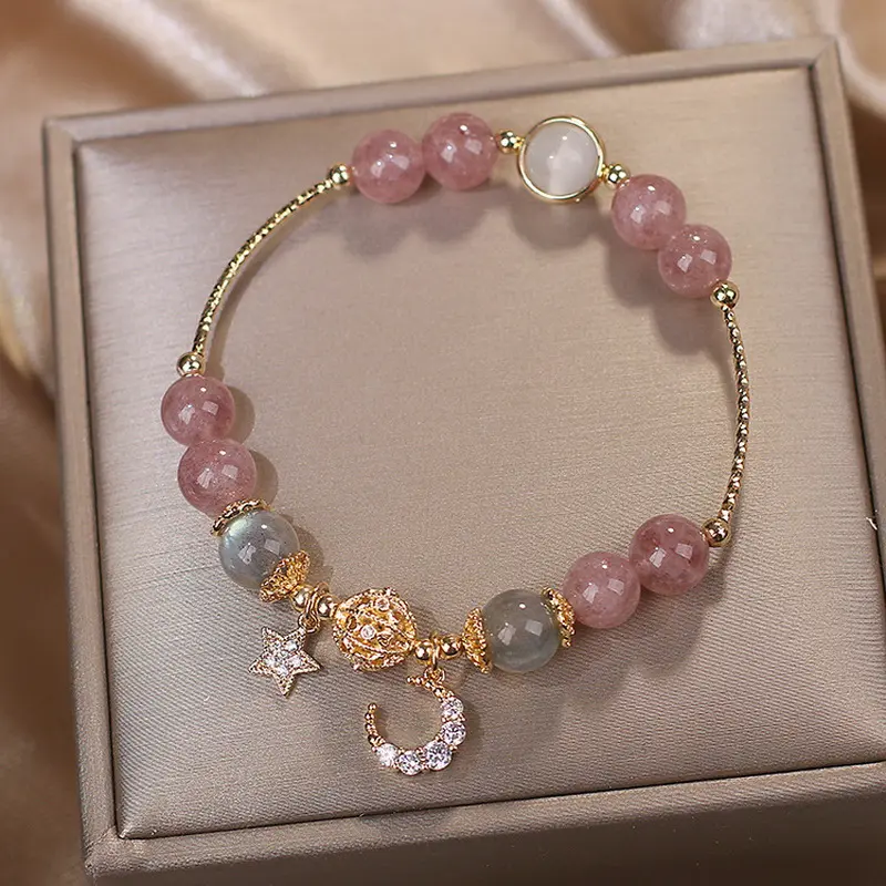 Squisita amicizia braccialetti di cristallo rosa donna Cute Bunny Star Opal zircone Moon Stone Bead bracciale Sister Easter Rabbit Gift