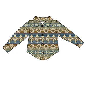 Custom Kids Jongens Vintage Aztec Plaid Print Button Shirts Fall Baby Lange Mouw Turndown Blouse