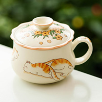 Kreative Niedliche Katzen-Keramik-Tasse mit Deckel & Geschenkbox Handbemaltes Cartoon-Kawaii-Blumenmuster Spülmaschinen- & Mikrowellenfest
