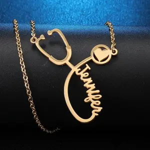 Stethoscope Love You Pendant Necklace Heart Shape Rose Gold Silver Jewelry Gift for Doctor Nurse Lovers Women Men