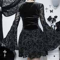 Robe longue à manches longues en maille à volants de style gothique, jupe trapèze pour femmes, costume d'Halloween