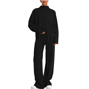 <b>Women</b> <b>Black</b> Mock Neck Sweatshirt Set Drop Shoulder Raglan Drawstring Wide Leg <b>Pants</b> Athleisure Lounge Tracksuit Custom Bulk - Product Image 1