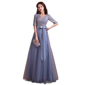 Women's Long Grayish Blue A-Line Evening Gown V-Neck Empire Waistline With <b>Bow</b> Tie For Choir Performances - Product Image 5