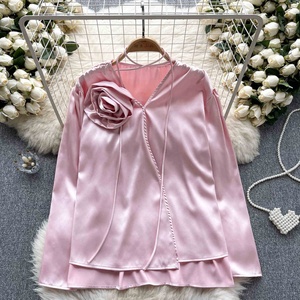 Camicetta in Raso da Donna, Collo a V, Design Floreale 3D, Stile Vintage Elegante <span class=keywords><strong>e</strong></span> alla Moda - Product Image 4