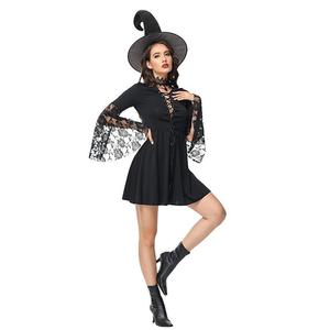 <b>Witch</b> Costume Women Black Lace Dress With Hat And Broom For Halloween Party Cosplay - Product Image 4