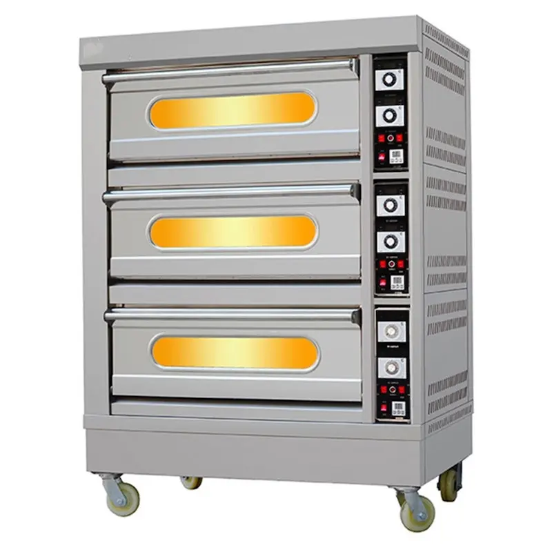 Mesin Oven pemanas Pizza roti otomatis Stainless Steel, Pemanggang makanan elektrik 3 dek baja tahan karat komersial kualitas tinggi