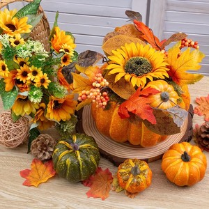 Artificial Pumpkin Large with Sunflower Maple Leaves Berries Gourds Fall Halloween Easter Decorations - Product Image 2