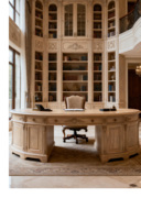 Bureau de direction en bois massif sculpté de style français, couleur bois clair, ovale, avec double armoire incurvée, bureau de président sur mesure.