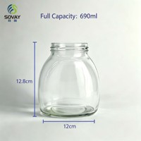 Pot en verre transparent bombé court de 630 ml, qualité alimentaire, pour cornichons, sirops, usage domestique et industriel