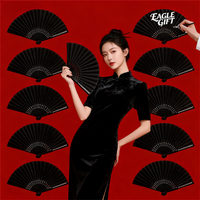 High Quality Custom Logo Silk Fabric Bamboo Hand Fan Classic Portable Folding Handheld Craft Hand Fan