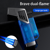 Briquet à cigare double flamme bleu, design moderne, coupe-vent, rechargeable, durable, en alliage de zinc, torche, cadeau d'affaires personnalisé