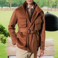 Veste en cachemire double face pour homme, ceinturée, style safari, en laine, col montant, quatre poches à rabat, coupe-vent pour l'hiver