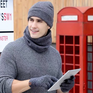 Men's Winter Hat Scarf <b>Gloves</b> Set Heather Gray Knitted <b>Wool</b> Three Piece Warm Outdoor Wear - Product Image 4