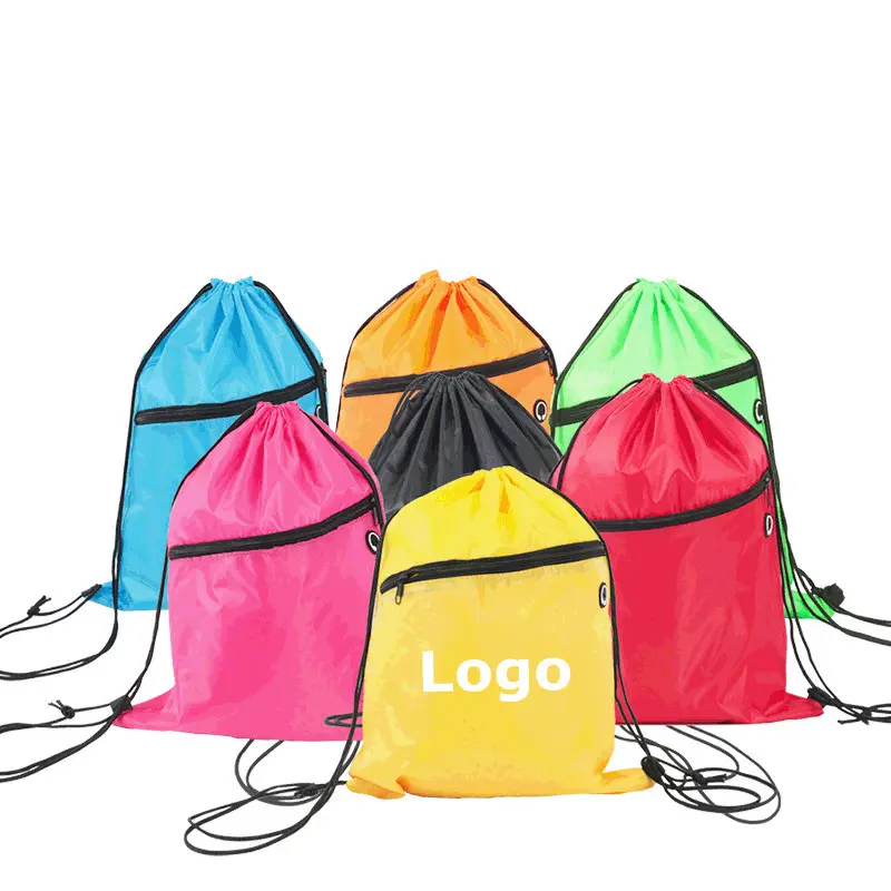 Custom logo wholesale 210d polyester zipper drawstring backpack bag drawstring sports gym bag storage bag