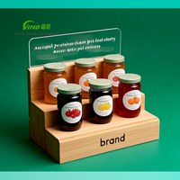 Présentoir d'étape en bois à 3 niveaux de haute qualité avec panneau arrière en acrylique pour pot de confiture gravé avec logo de marque