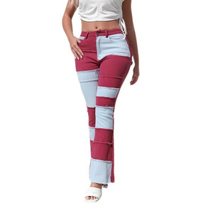 Pantaloni in denim elasticizzato a gamba larga svasata stile europeo, vestibilità comoda, lavaggio effetto invecchiato, all'ingrosso - Product Image 3