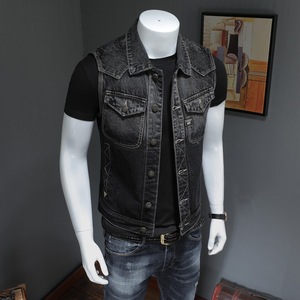 Gilet Casual da <span class=keywords><strong>Uomo</strong></span> Stile Europeo e Americano, Gilet da Motociclista <span class=keywords><strong>Nero</strong></span>, Gilet Senza Maniche in Denim OEM - Product Image 3