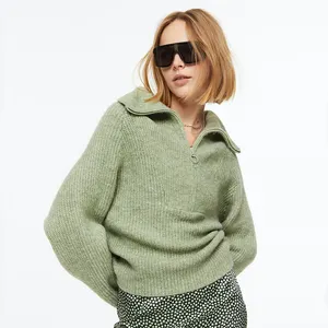 New Design Solid Loose High Collar Pullover Knitwear Half-Zip Long Raglan Sleeves Sweater For Women