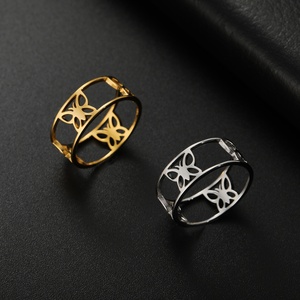 Bague de <span class=keywords><strong>mariage</strong></span> large en acier inoxydable plaqué or, motif papillon creux, bijoux bohèmes tendance unisexe, vente en gros - Product Image 4