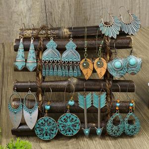 Boucles d'oreilles pendantes vintage en alliage, plaqué bronze antique, forme plume, bijoux de mode pour femme, clous en turquoise verte, style bohème - Product Image 1