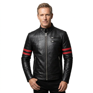 SAAR INDUSTRIES Men's Black Genuine Leather Coated Winter Streetwear Biker <b>Jacket</b> <b>Red</b> Stripe Slim Fit <b>Waterproof</b> Windproof - Product Image 1