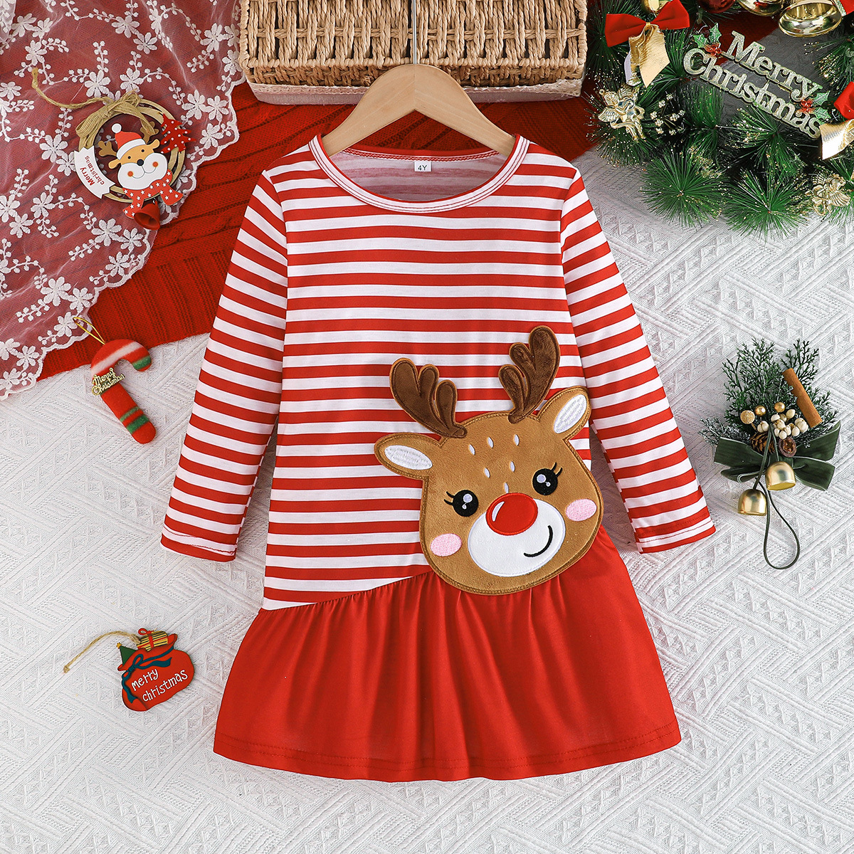 2025 Girls Children Christmas Long Sleeve Eco-Friendly A-Line Dress ODM Red  White Striped Reindeer Three-Dimensional Decorative| Alibaba.com