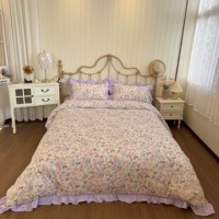 Parure de lit 3 pièces 100 % coton à motif floral violet, housse de couette à volants style princesse, imprimé réactif, couvre-lit pastoral