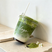Gobelets en plastique transparents jetables en forme de U pour boissons froides, café matcha, avec couvercles et pailles, personnalisables avec logo imprimé sur étiquette PET