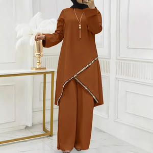 Ensemble décontracté deux pièces pour femme musulmane, manches longues, col rond, avec dentelle, pantalon ample et chemise, pour toutes les saisons (printemps, automne, hiver, été) - Product Image 3