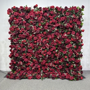 Panel de pared de flores artificiales HK-FW069, telón de fondo de pared de flores de 8*8 pies, pared de flores de seda, cortina enrollable de rosas, decoración de boda enrollable 3D 5D - Product Image 1