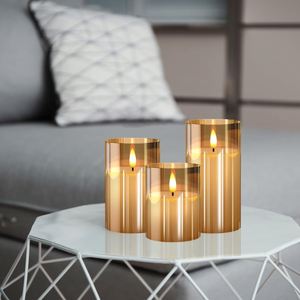 Set 5 3D Real Flame Handmade Home Decoration Pillar Paraffin Wax Remote Control Golden Glass LED Candles <b>Timer</b> Christmas - Product Image 4