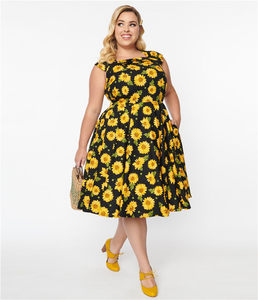 Oem Custom moda Casual modesto estivo collo quadrato senza maniche girasole stampa vita alta Flare Maxi abito lungo per le donne - Product Image 5