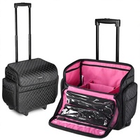 Valise de maquillage roulante OEM/ODM en tissu éponge diamanté avec séparateurs amovibles, poches latérales, légère, style trolley, grande capacité pour voyage