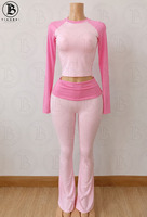 Ensemble de détente 3 pièces pour femme, collection Automne Noël, avec broderie personnalisée du logo, haut à manches longues raglan color block, leggings évasés et bandeau
