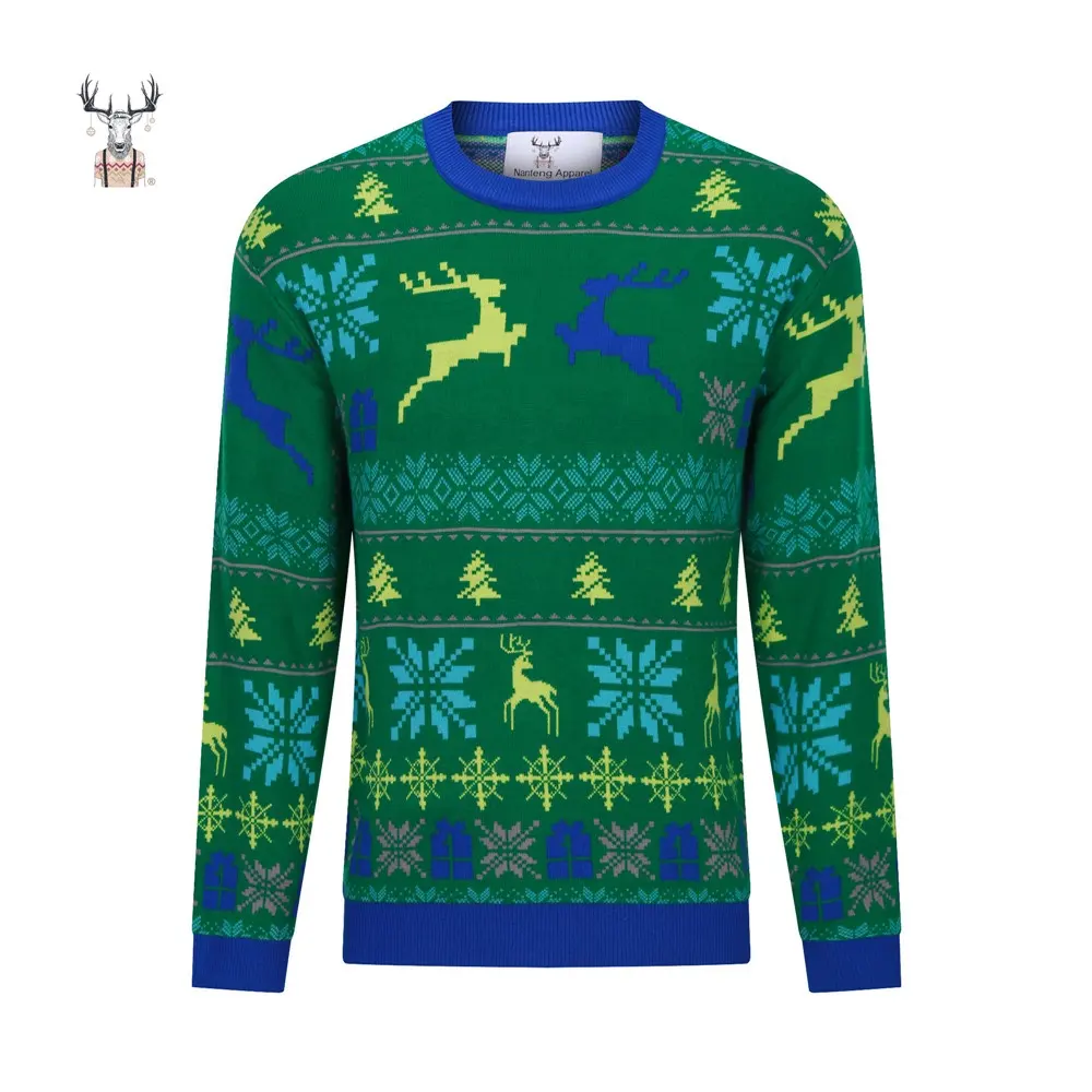 Nanteng 사용자 정의 하이 퀄리티 캐주얼 성인 자카드 니트웨어 가족 남여 공용 크루넥 긴 소매 남성용 못생긴 크리스마스 스웨터