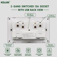 Prise murale double Kolani UK 2 gang avec interrupteur, 13A, 3 broches, avec charge rapide USB A+C 20W et indicateur néon