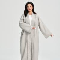 Abaya plissée doublée effet lin LM110 avec poches, robe modeste à devant ouvert pour femmes musulmanes