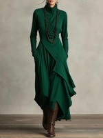 Robe longue plissée élégante et stylée à col roulé taille haute coupe ajustée pour femme – Collection Printemps 2026
