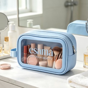 Sac de maquillage élégant en PU bleu, grande capacité, sac de voyage pour femmes, sac de rangement multifonctionnel, sac de dentiste imperméable avec poignée - Product Image 1