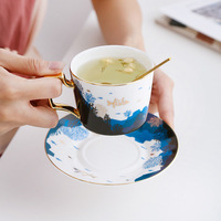 Ensemble de tasse à café et soucoupe en céramique avec bordure dorée de luxe, 200 ml, ensemble de thé de l'après-midi européen dans un coffret cadeau