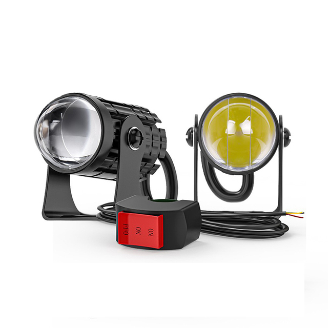 Universal Motorcycle LED Mini Driving Headlight Projector Lens Dual Color Scooter Spotlight Auxiliary Lamp Fog Light for Bikes