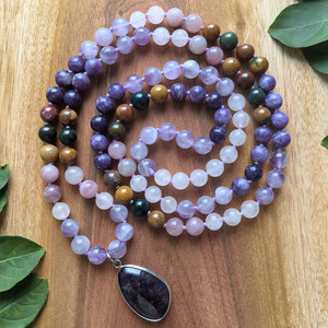 โรสควอตซ์ธรรมชาติ, เลพิโดไลต์, สร้อยคอมาลาอเมทิสต์, จัปามาลาสำหรับทำสมาธิแบบผูกปมด้วยมือ <span class=keywords><strong>108</strong></span> เม็ด, คริสตัลบำบัด, ของขวัญสำหรับการทำสมาธิโยคะ - Product Image 3