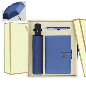 Geschäftsgeschenk für Kunden individuelles Logo Notizbuch Tagebuch mit Stift und Regenschirm Geschenkset