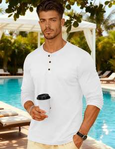 Camisas Henley de manga larga para hombre 100% sarga de algodón 3 botones primavera Casual transpirable frente en blanco Color sólido Tops suaves - Product Image 2