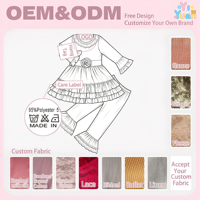Ensemble de vêtements 2 pièces personnalisable pour fillettes : Robe à manches longues avec col en dentelle, applique rose et volants superposés, et leggings évasés à ourlet en dentelle