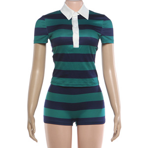 GHH12532- Nuovo Completo <span class=keywords><strong>Donna</strong></span> Primavera 2026: Top a Collo Semiaperto a Righe <span class=keywords><strong>Retrò</strong></span> con Dettagli a Contrasto e Shorts Aderenti - Product Image 6