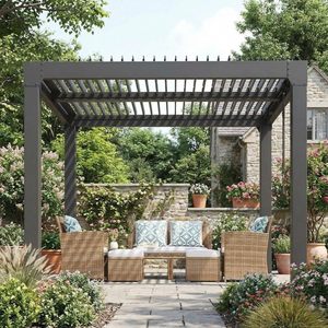 Pérgola con Techo de Láminas de <span class=keywords><strong>10x10</strong></span> Pies, Pérgola de Aluminio para Exteriores con Techo Ajustable y Sistema de Drenaje Integrado, Gazebo Resistente con Techo Rígido - Product Image 1