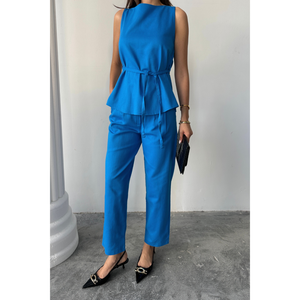 Mono de Lino Saks Azul sin Mangas, Pierna Ancha, para Fiesta, Talla S - Product Image 4