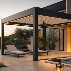 Pergola autoportante RKOVE RK-C3 5x5m pour villa et spa, structure d'ombrage à panneaux de verre avec interface pour ventilateur, idéale pour terrasses d'architects européens - Product Image 1